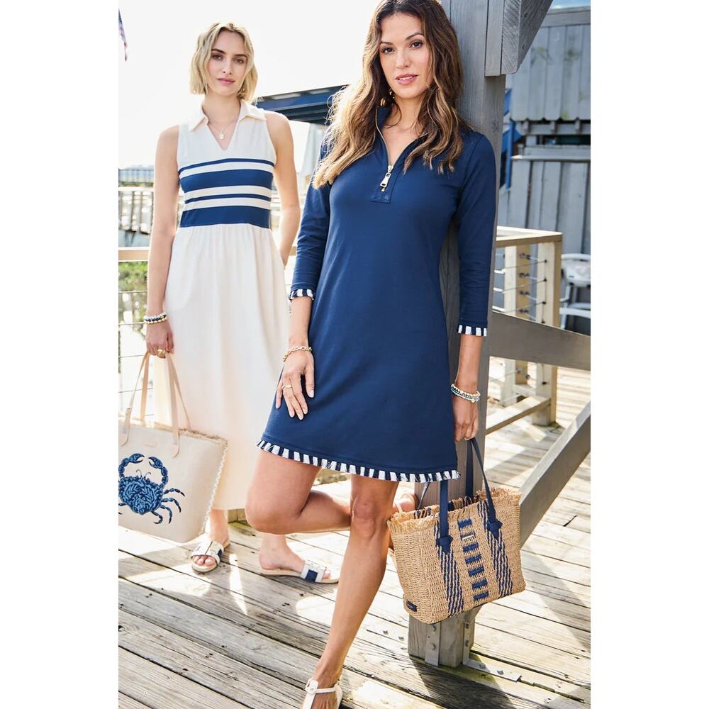 Spartina 449 Nora Half Zip Fringe Dress Navy Small Preppy Resort Coastal - Picture 2 of 10